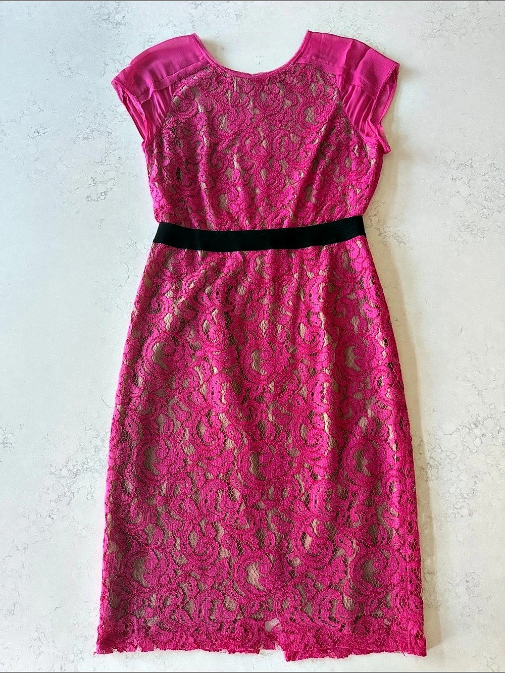 BCBGMaxazria Fusia Sheer Lace Dress with Black Ribbon Waistband- Like New